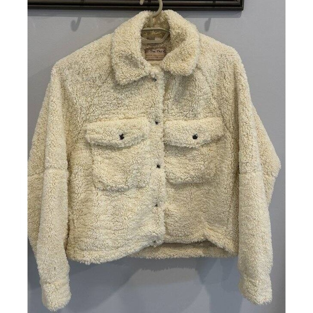 We The Free People Teddy Fur Fleece Ivory Snap Front Collar Jacket Pockets L